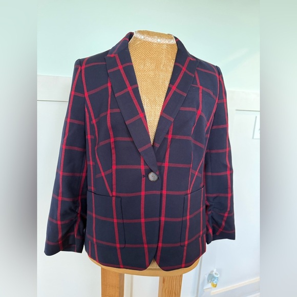 The Limited Jackets & Blazers - The Limited Women's One Button Plaid Blazer Dark Navy Red Size Small Office